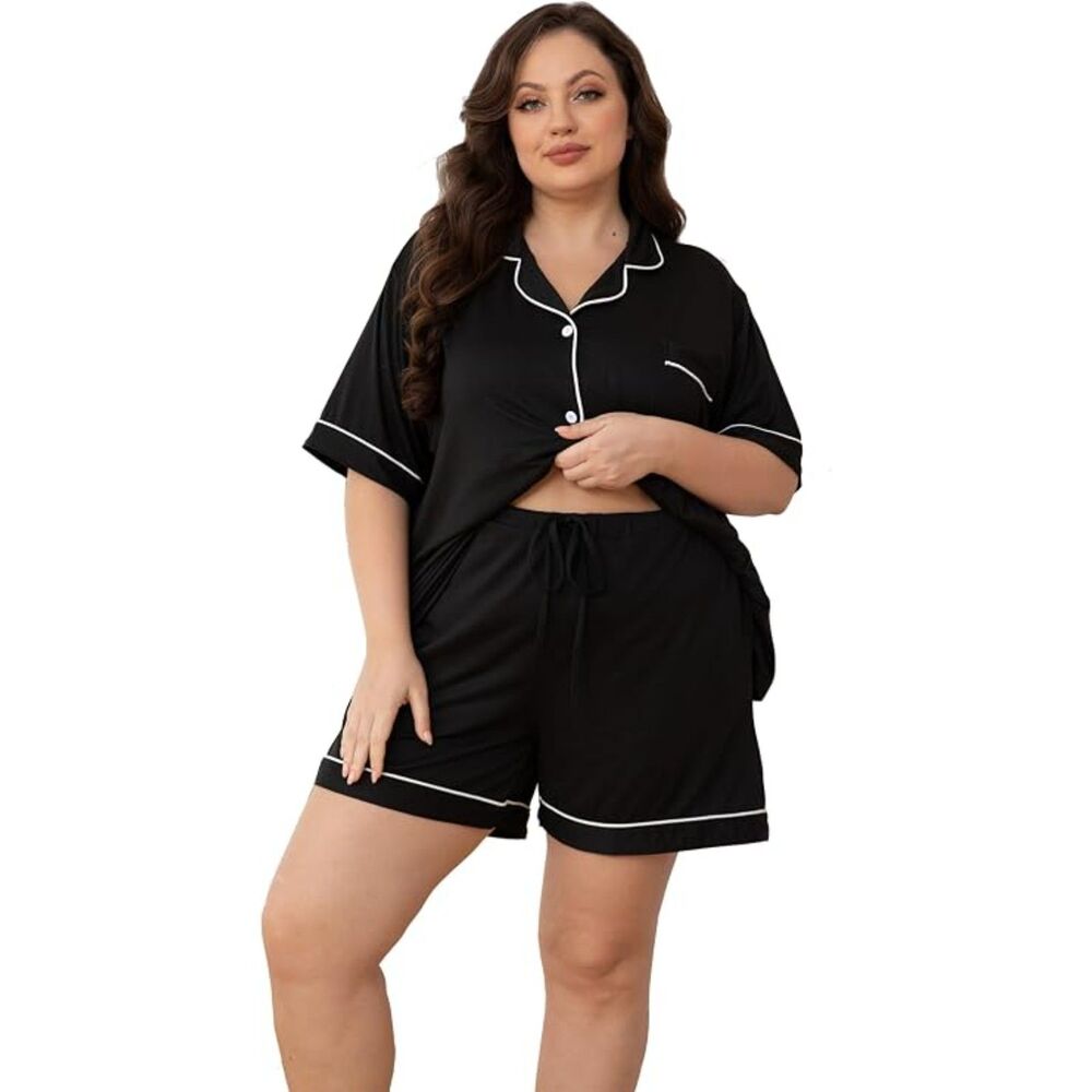 Givtzzod Women’s 4X Black Pajama Set Button Down Shorts Contrast Piping Plus